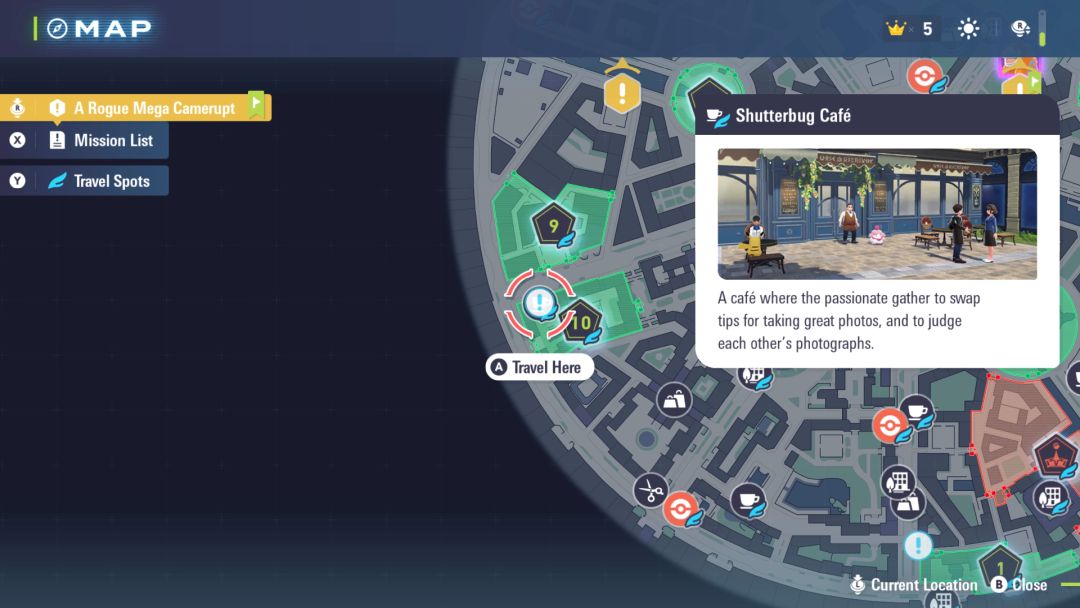 A map of Lumios City, with Shutterbug Cafe selected, as it is where Side Mission 14 begins.
