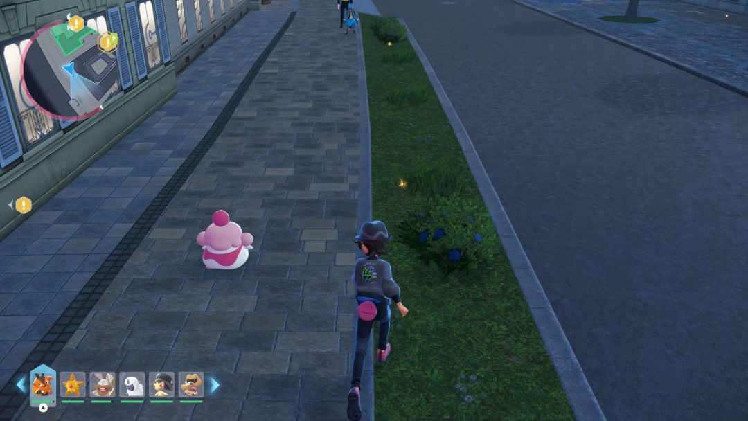 Following Slurpuff along the sidewalk, the Pokemon Trainer runs through the brush and collects items.