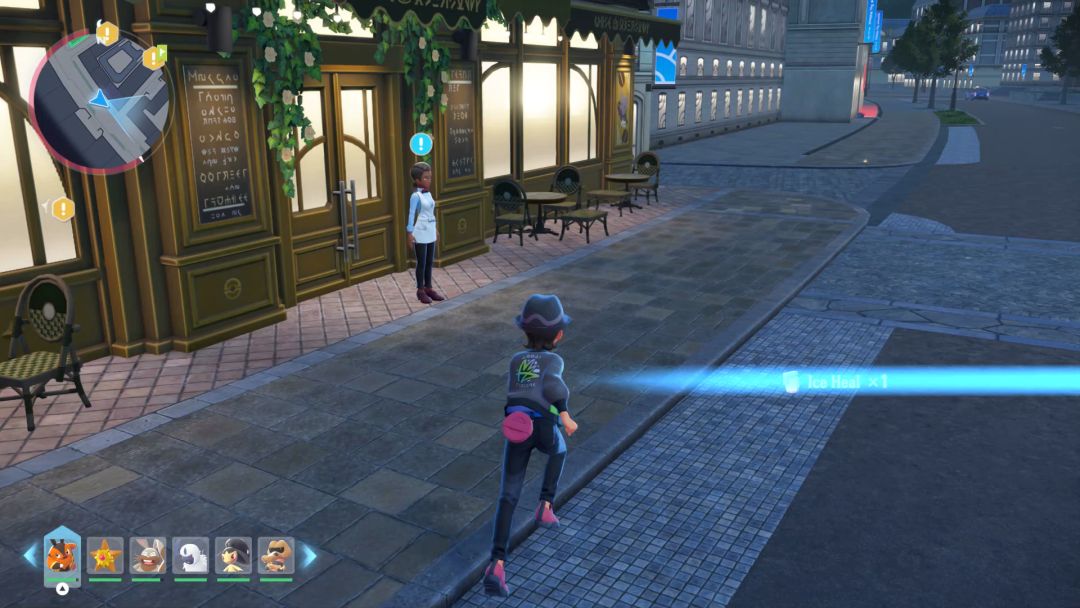 The Pokemon Trainer and Slurpuff arrive at Cafe Soleil, where a staff member is waiting.