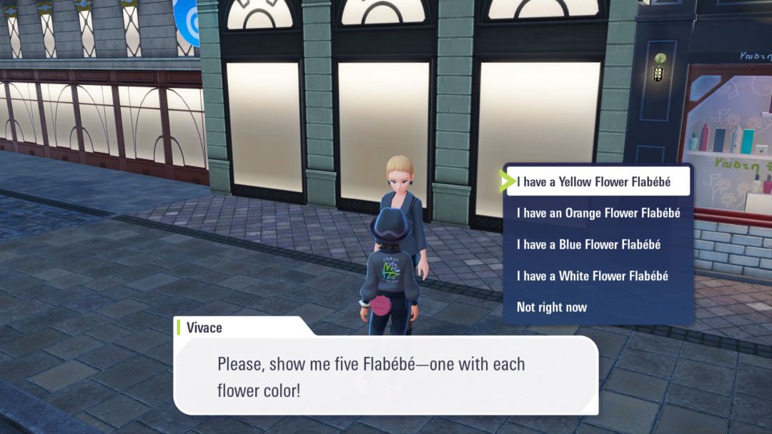 The Pokemon Trainer stands along a sidewalk, talking to Vivace, a smartly dressed hairstylist who is asking for Flabebe of various colors.