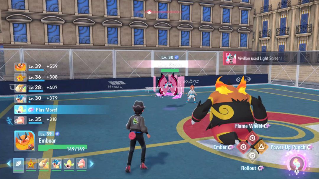 Vivillon throws up a Light Screen barrier as the Emboar faces it, totally unconcerned.