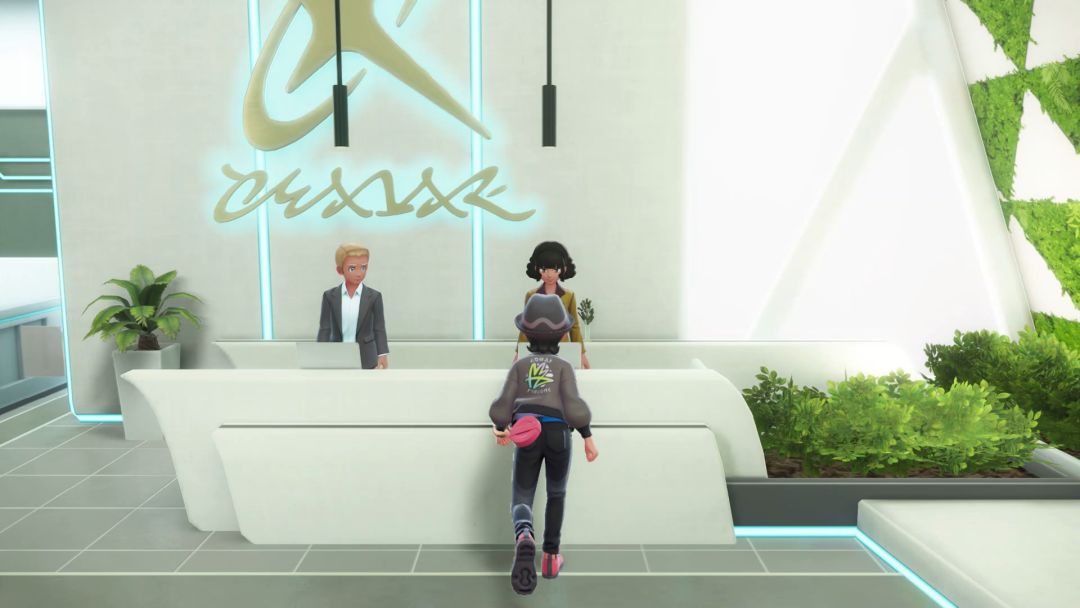 The Pokemon Trainer approaches the counter in the back corner of the first floor lobby in the Quasartico Inc. building.