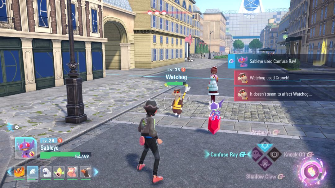 Perched atop a red crystal, the Sableye looks toward a dazed Watchog as the Pokemon Trainer and Arden circle.