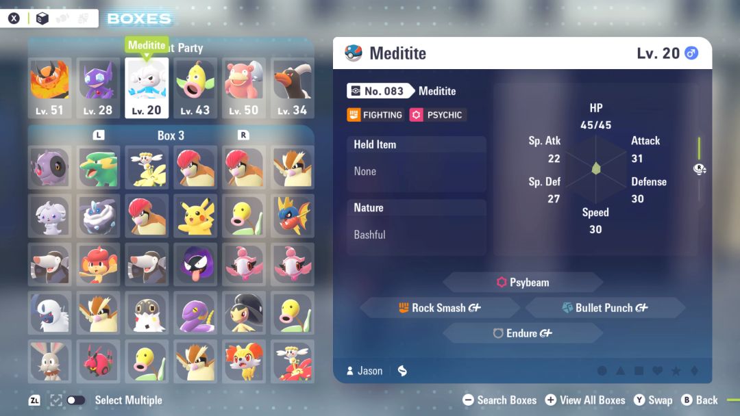 A look at a page of the Pokemon Trainer's boxes of Pokemon, with Meditite highlighted.