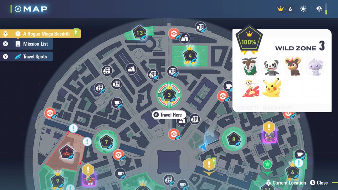An image showing the Lumios City map, with Wild Zone 3 highlighted as a fast travel destination.