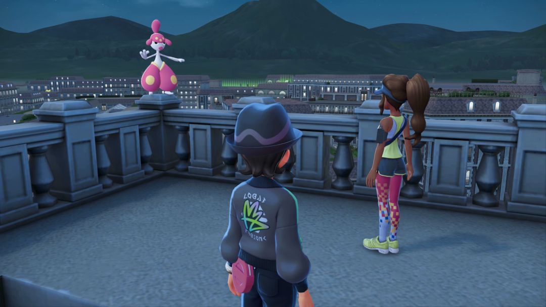 At the top of the gray tower in Wild Zone 3, the Pokemon Trainer finds the Yoga Master working through her routine with Medicham, with a view overlooking Lumios City rooftops.