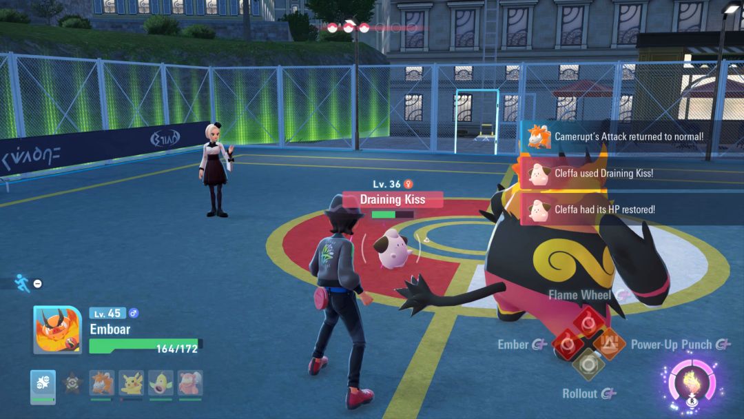 Emboar faces off against Cleffa, which has just used the Draining Kiss ability to restore some of its HP.