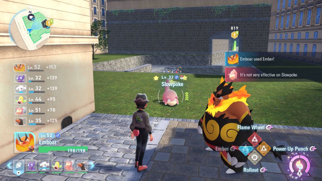 With his Emboar by his side, the Pokemon Trainer faces a dazed Slowpoke near the entrance to Zone 10.
