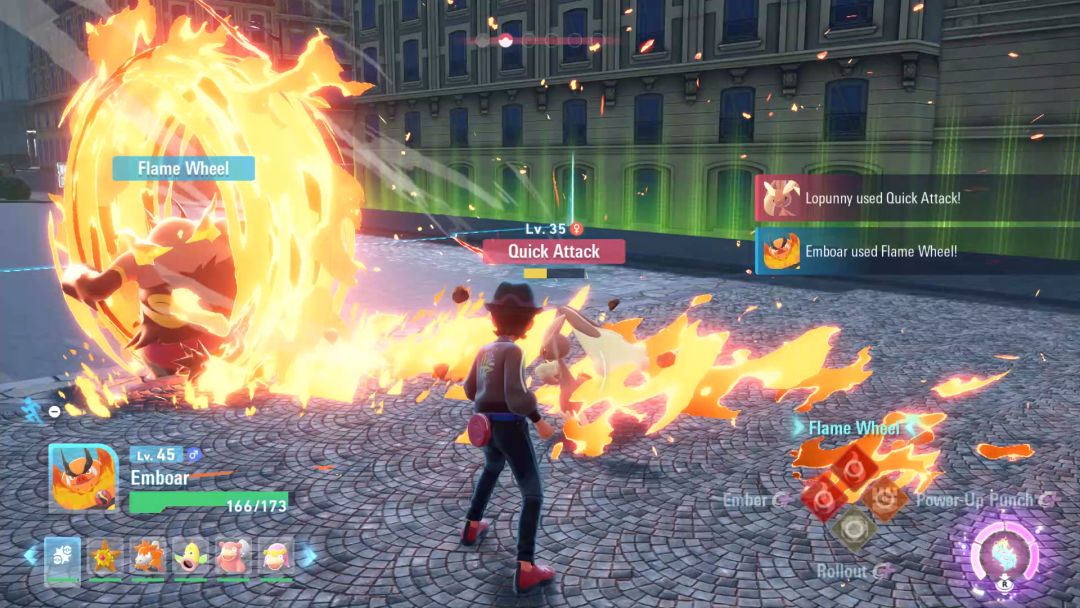 The Emboar leaves a trail of flames in its wake as it rolls over the enemy Lopunny.