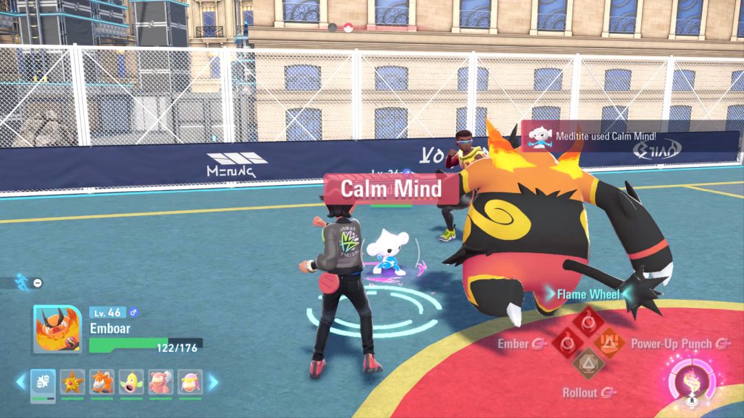 The Emboar moves in quickly to attack Meditite, even as it uses the Calm Mind ability to boost its stats.