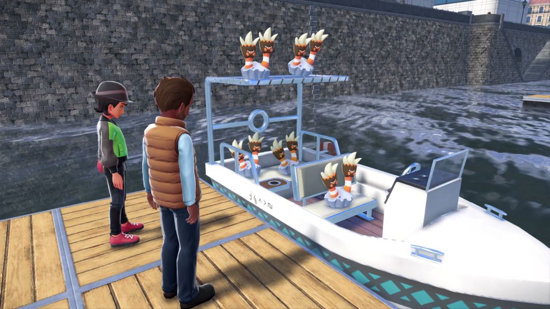 As the Pokemon Trainer and Barnie watch, the Binacle have climbed onto the boat and look as if they are prepared for a cruise.