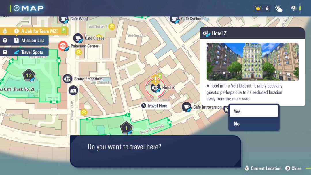 A view of the map, with the option to fast travel to Hotel Z selected and the hotel highlighted.