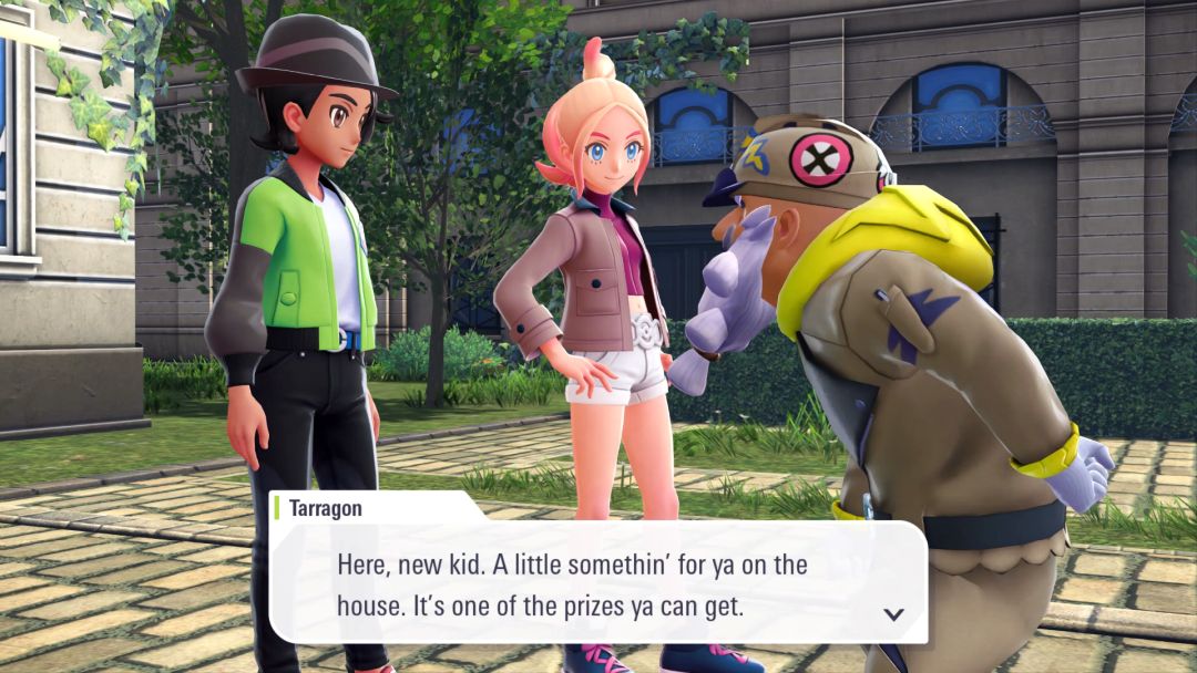Tarragon presents the Pokemon Trainer with a prize in the plaza outside the hotel.