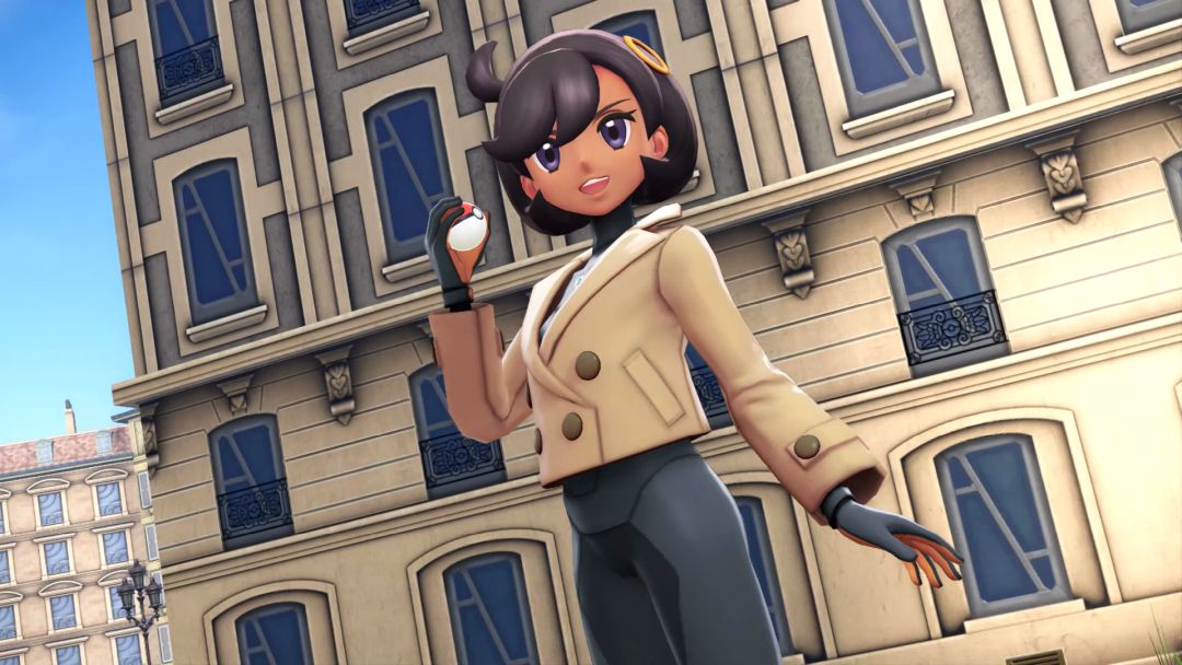 Emma prepares to toss a Poke Ball at you, while standing in front of a beige multi-story building.