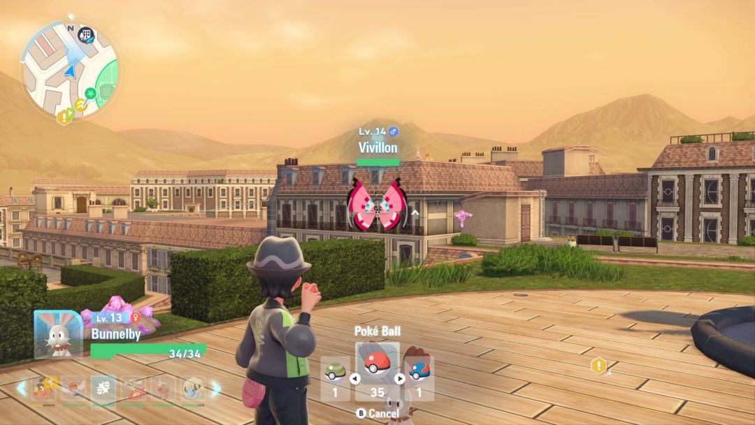 The Pokemon Trainer appears to throw a Poke Ball at a Vivillon as the sun sets in the distance.